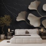 Papier peint – Feuilles de ginkgo dorées sur fond noir – W03650