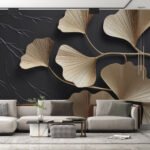 Papier peint – Feuilles de ginkgo dorées sur fond noir – W03650V1