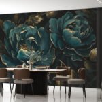 Papier peint – Pivoines vert émeraude aux touches dorées