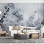 Papier peint – Composition florale bleu grisé