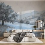 Papier peint – Lac bleu et arbres dans la brume