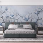 Papier peint – Branches fleuries bleu grisé