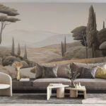 Papier peint – Paysage italien et cyprès en sépia