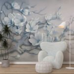 Papier peint – Fleurs bleues et blanches en relief