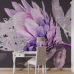 Papier peint – Magnolia violet et papillons