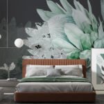 Papier peint – Magnolia vert menthe et papillons
