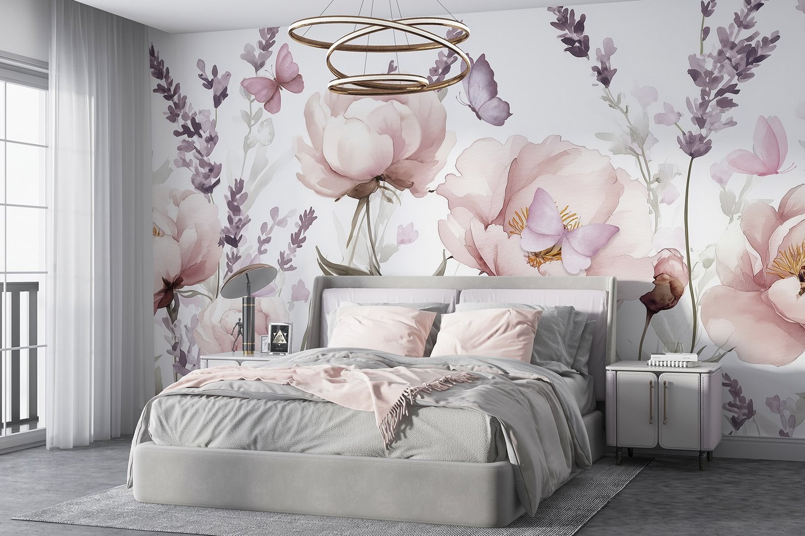 w03668pib2r.jpg Papier peint – Pivoines roses et papillons – Image 1