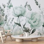 Papier peint – Pivoines vert tendre et papillons