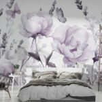 Papier peint – Pivoines mauves et papillons