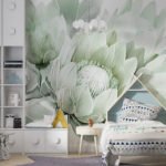 Papier peint – Tulipes blanches et feuillage vert tendre