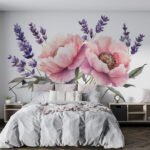 Papier peint – Coquelicots roses et épis violets