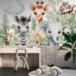 Papier peint – Zèbre, girafe et éléphant dans la jungle