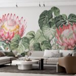 Papier peint – Proteas roses et feuilles vertes