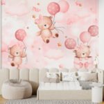 Papier peint – Oursons et ballons roses