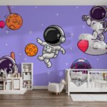 Papier peint – Astronautes et planètes sur fond violet