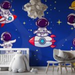 Papier peint – Astronautes et planètes sur fond bleu