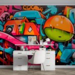 Papier peint – Graffiti multicolore et personnage illustré