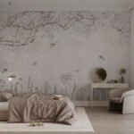 Papier peint – Oiseaux et branches au trait sépia