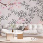 Papier peint – Branches fleuries roses et dessin noir
