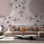 Papier peint – Branches fleuries au trait noir et cercle gris