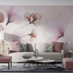 Papier peint – Fleurs roses et blanches aux lignes douces