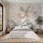 Papier peint – Fleurs beiges et feuilles grises