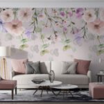 Papier peint – Guirlande de fleurs mauves et vertes