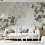 Papier peint – Feuilles rondes vertes sur fond clair