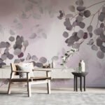 Papier peint – Feuilles rondes mauves sur fond rose
