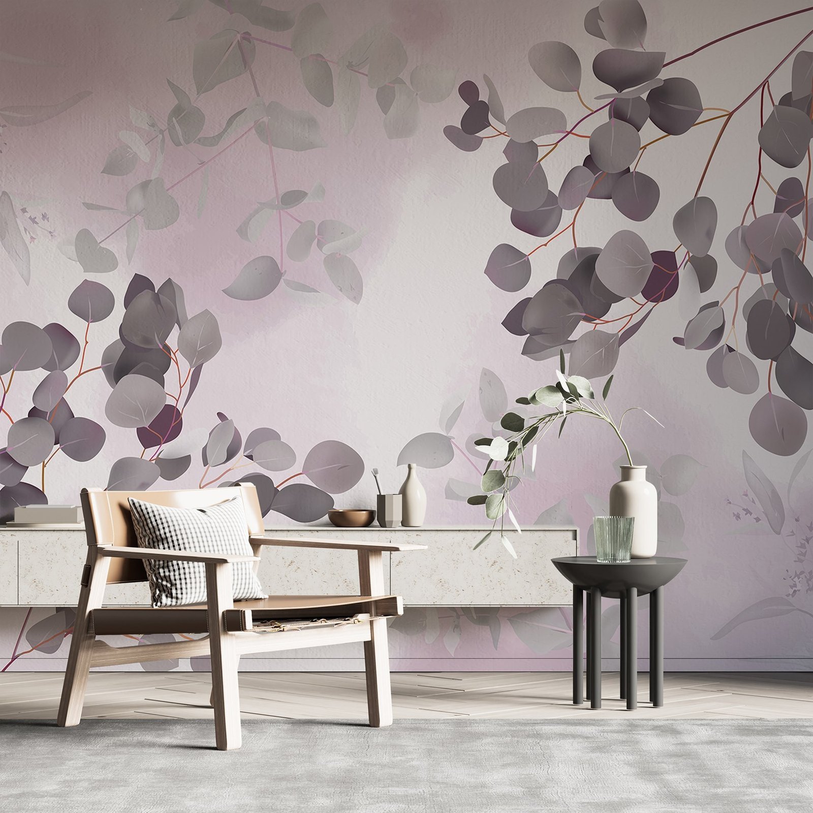 w03719v1pig12ms.jpg Papier peint – Feuilles rondes mauves sur fond rose – Image 1