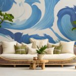 Papier peint – Vagues bleues et blanches stylisées