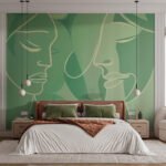 Papier peint – Visages au trait doré sur fond vert