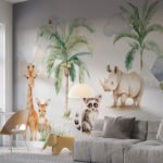 Papier peint – Animaux de la savane et palmiers