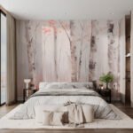 Papier peint – Bouleaux blancs et touches roses