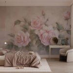 Papier peint – Roses roses sur fond beige doux