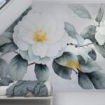 Papier peint – Fleurs blanches au cœur jaune et feuillage bleu