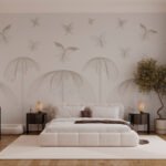 Papier peint – Oiseaux et formes florales sur fond beige