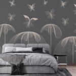 Papier peint – Oiseaux et formes florales sur fond gris