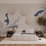Papier peint – Fleurs au trait et feuilles bleues