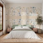 Papier peint – Frises florales bleues sur fond beige