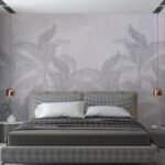 Papier peint – Feuilles grises et formes roses