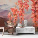 Papier peint – Branches fleuries corail et montagnes