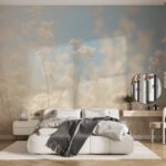 Papier peint – Fleurs beiges sur fond bleu patiné
