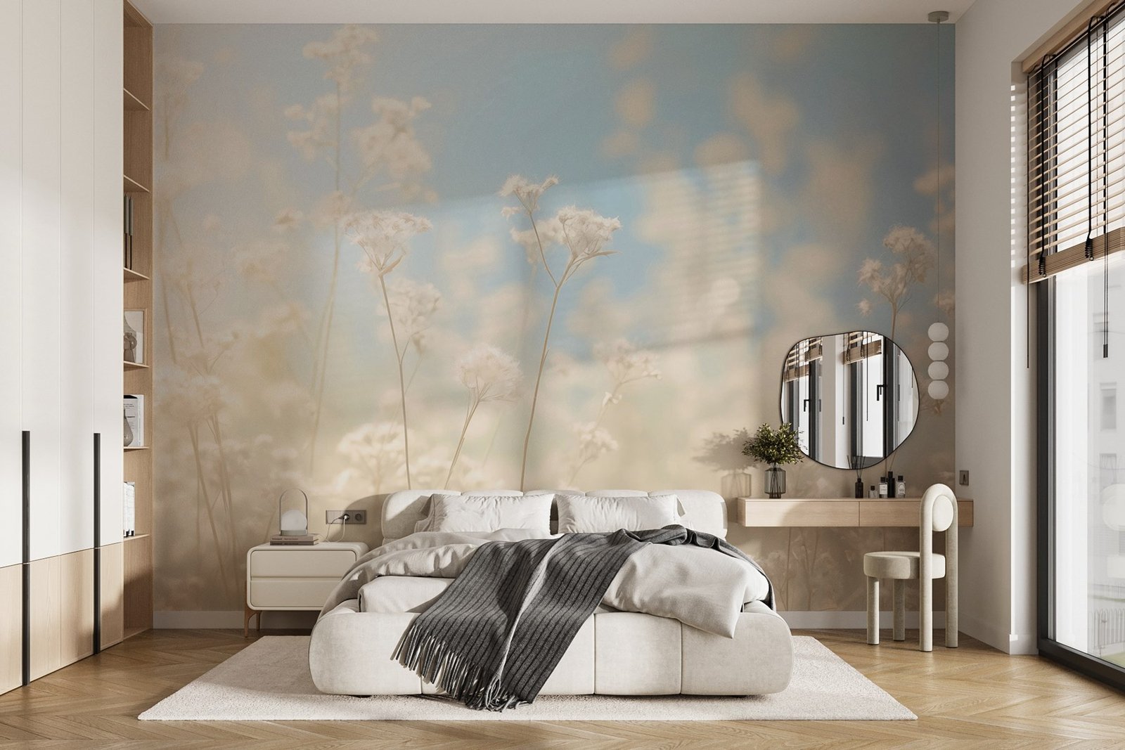 w03801pib5r.jpg Papier peint – Fleurs beiges sur fond bleu patiné – Image 1