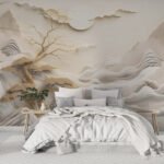 Papier peint – Montagnes et nuages blancs aux lignes dorées