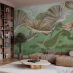 Papier peint – Feuilles de ginkgo beige sur fond vert