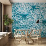 Papier peint – Dahlias turquoise aux contours dorés