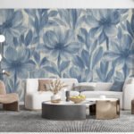 Papier peint – Fleurs et feuilles bleues