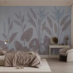 Papier peint – Branches feuillues mauves sur fond bleu gris