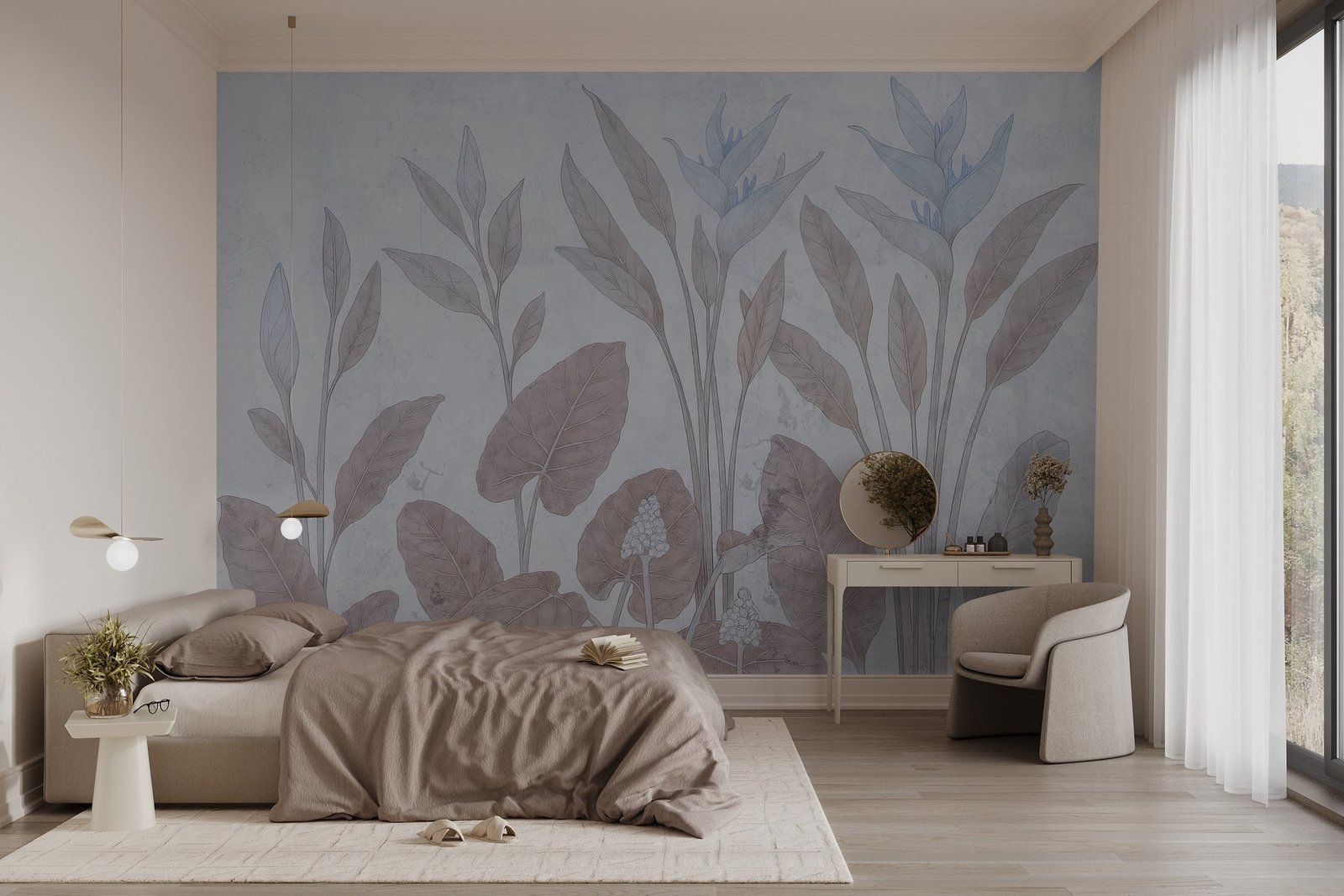 w03823v1pib2mr.jpg Papier peint – Branches feuillues mauves sur fond bleu gris – Image 1